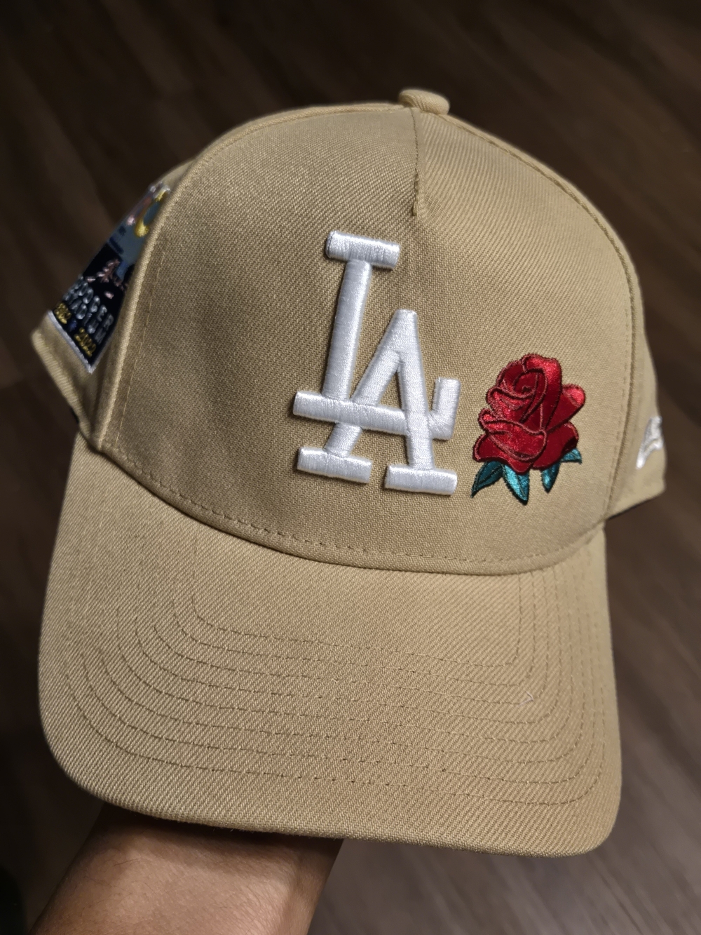 New Era Tan LA Baseball Cap with Red Rose Embroidery Snapback